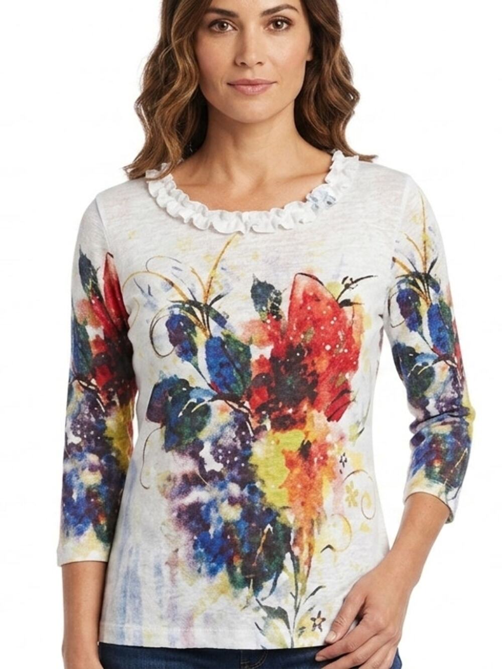 Impulse California Made in USA Multicolor Floral Ruffle Top Women Size L